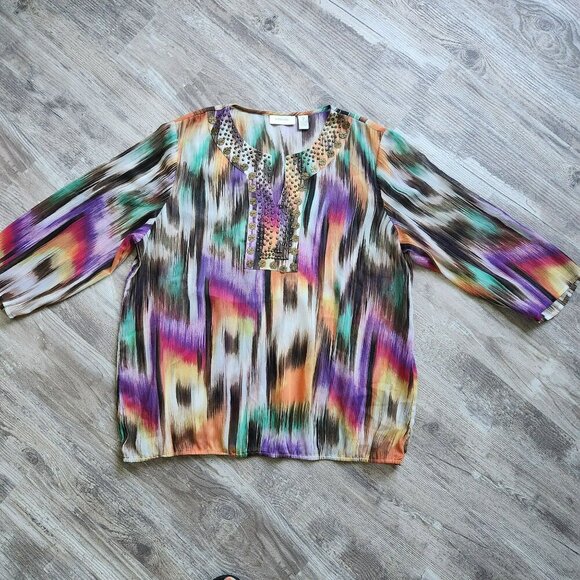 Chicos Womens Multicolor Ikat Boho Peasant Print Beaded Tunic Top Size 2 - Picture 9 of 11